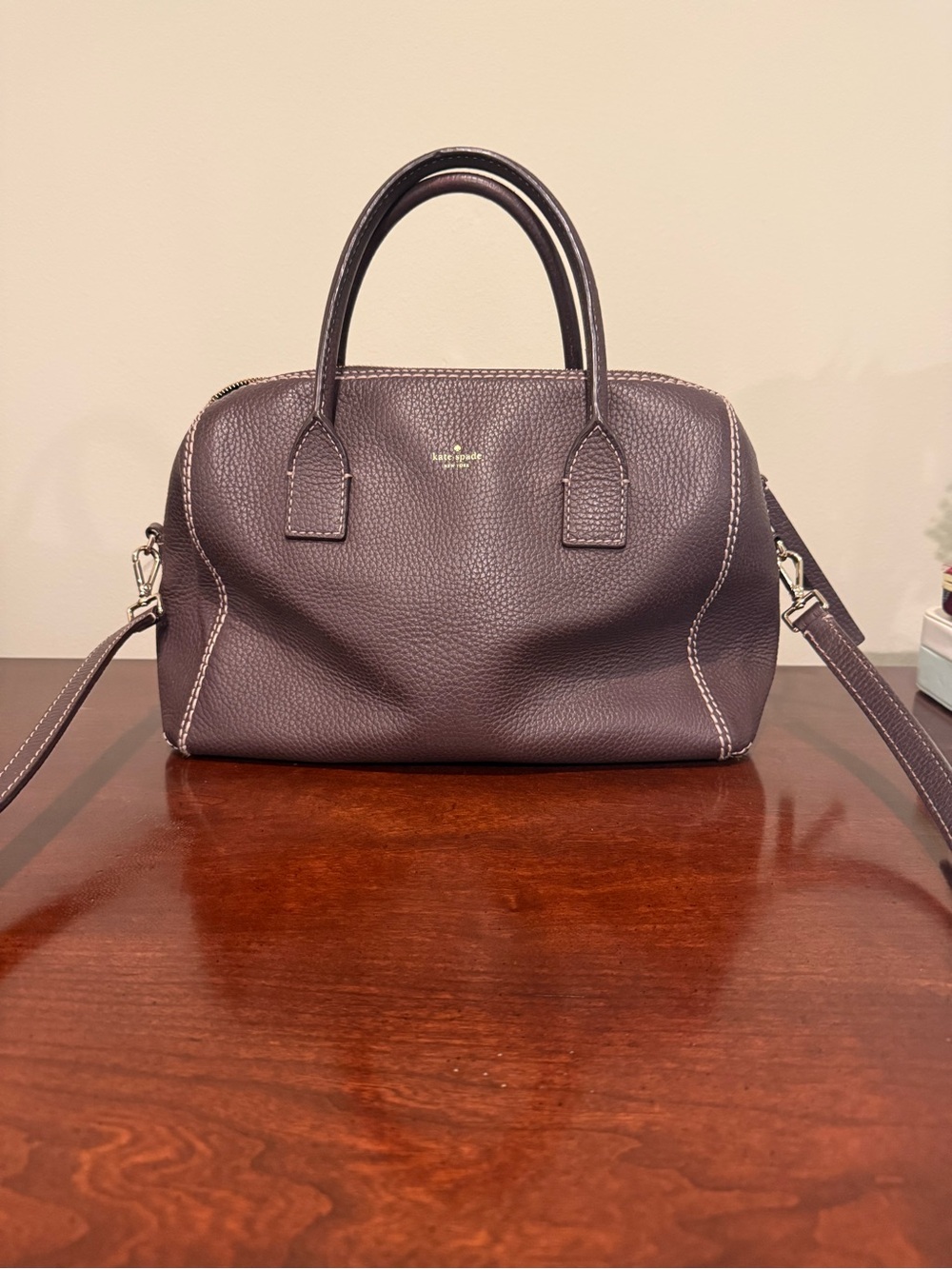 kate spade pebbled leather satchel in plum with contrast stitching